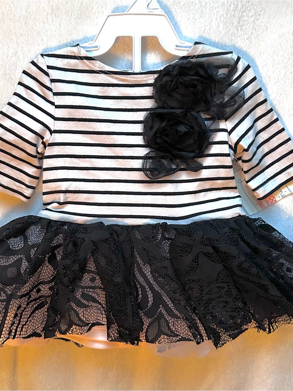 Pastourelle Marmellata Baby Dress 6/9M Pink Black Stripe Lace Tulle Flowers